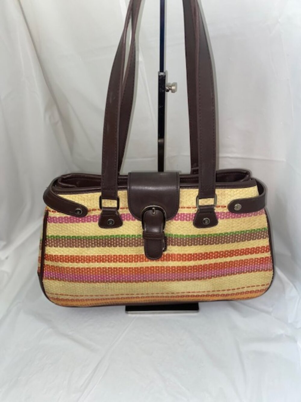 Liz Claiborne Multi-Color Striped Woven Straw Shoulder Bag Satchel Purse